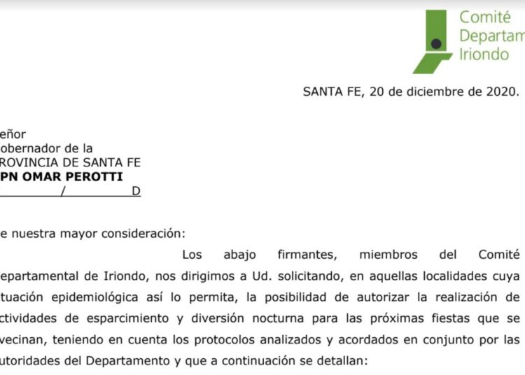 El Comité Departamental  Iriondo envió a Perotti una carta en referencia a las próximas fiestas
