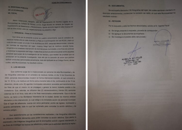 La Municipalidad de Cañada de Gómez realizó la denuncia penal por incendios intencionales