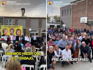 Capturas del video de propaganda política publicado en Instagram de Stella Clerici en el Club Sarmiento de Cañada de Gómez