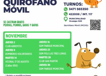 Cronograma del mes de noviembre del Quirófano Móvil Municipal de Cañada de Gómez