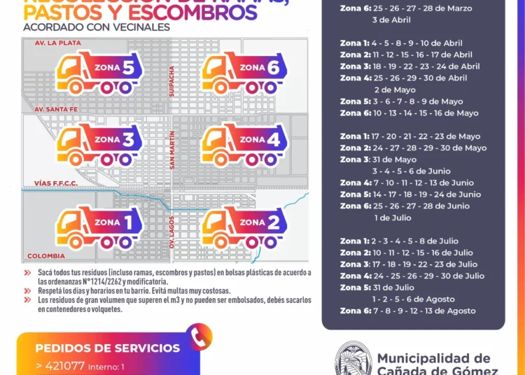 Cañada de Gómez: Cronograma de Recolección Municipal de ramas, pastos y escombros