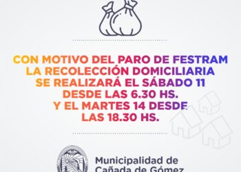La municipalidad de Cañada de Gómez comunica: La recolección de residuos se realizará los días sábado 11 y martes 14