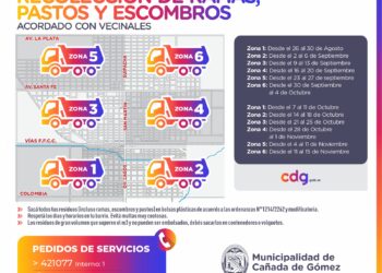 Municipalidad de Cañada de Gómez informa el cronograma de recolección de ramas, pastos y escombros