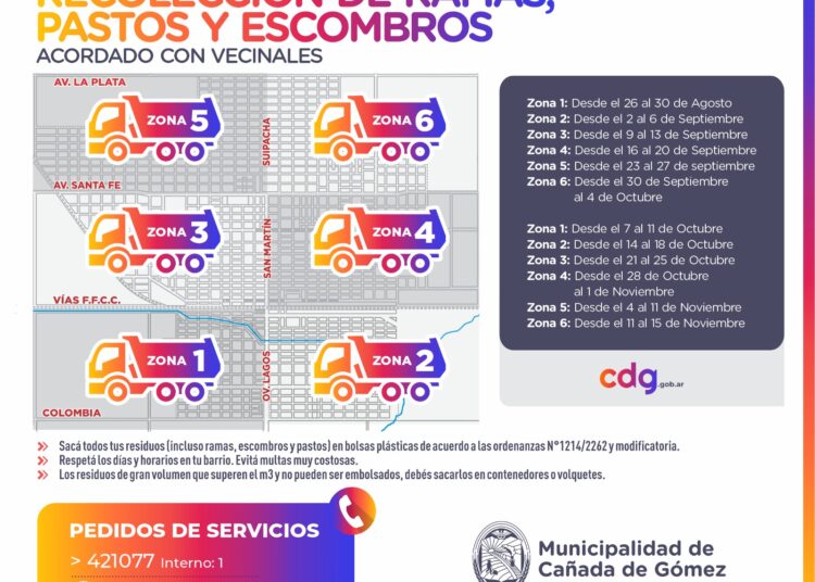 Municipalidad de Cañada de Gómez informa el cronograma de recolección de ramas, pastos y escombros
