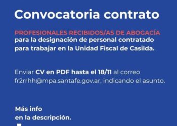 La Fiscalía Regional 2 convoca a profesionales recibidos/as de la carrera de Abogacía para la designación de personal contratado para trabajar en la Unidad Fiscal de Casilda.