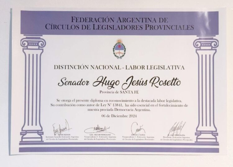 La labor Legislativa del Senador Rasetto distinguida a nivel nacional