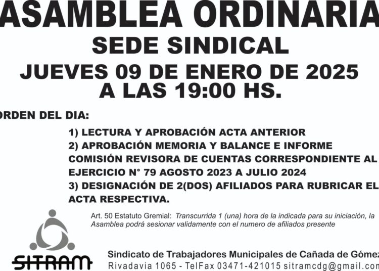 Sitram convoca a la Asamblea Ordinaria en su sede sindical