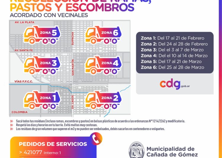 La Municipalidad de Cañada de Gómez informa el cronograma de recolección de ramas, pastos y escombros