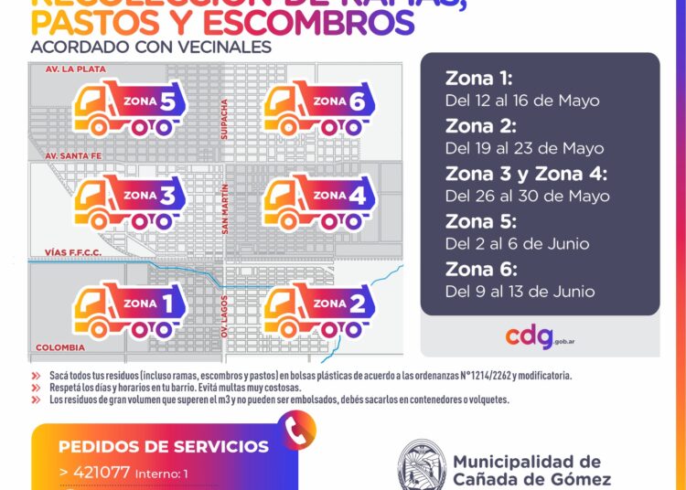 La Municipalidad de Cañada de Gómez informa el cronograma de recolección de ramas, pastos y escombros para las próximas semanas