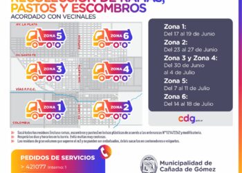 La Municipalidad de Cañada de Gómez informa el cronograma de recolección de ramas, pastos y escombros