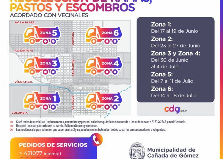 La Municipalidad de Cañada de Gómez informa el cronograma de recolección de ramas, pastos y escombros