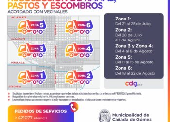 La Municipalidad de Cañada de Gómez informa el cronograma de recolección de ramas, pastos y escombros para las próximas semanas