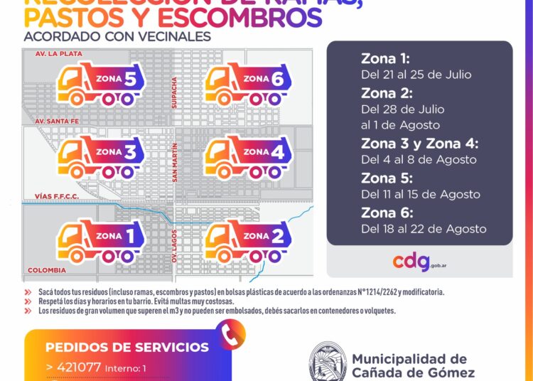 La Municipalidad de Cañada de Gómez informa el cronograma de recolección de ramas, pastos y escombros para las próximas semanas