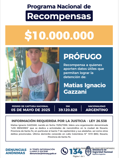 El Ministerio de Seguridad Nacional ofrece una recompensa de 10 millones para capturar a Matías Gazzani, líder de la banda rosarina “los menores”
