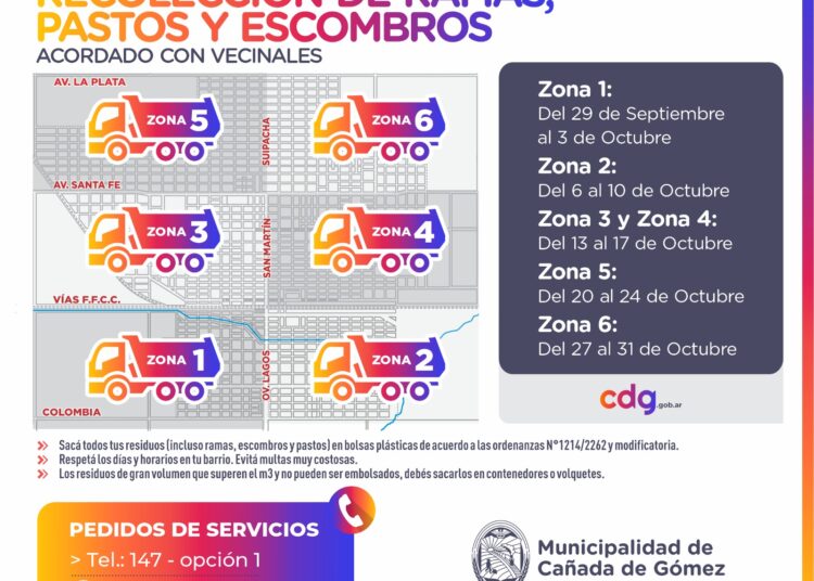 El municipio de Cañada de Gómez informa el cronograma de recolección de ramas, pastos y escombros