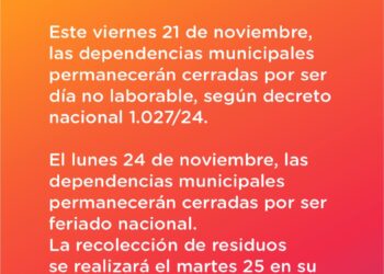 La Municipalidad de Cañada de Gómez informa que adhiere al Decreto Nacional N.º 1027/24, mediante el cual el Poder Ejecutivo Nacional declara día no laborable el viernes 21 de noviembre