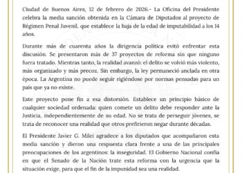 El gobierno nacional celebra la media sanción obtenida en la Cámara de Diputados al proyecto de Régimen Penal Juvenil, que establece la baja de la edad de imputabilidad a los 14 años