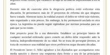 El gobierno nacional celebra la media sanción obtenida en la Cámara de Diputados al proyecto de Régimen Penal Juvenil, que establece la baja de la edad de imputabilidad a los 14 años
