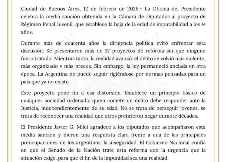 El gobierno nacional celebra la media sanción obtenida en la Cámara de Diputados al proyecto de Régimen Penal Juvenil, que establece la baja de la edad de imputabilidad a los 14 años