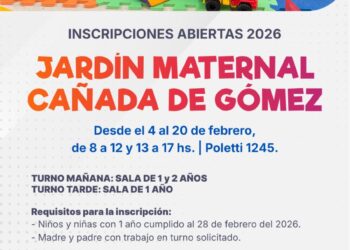 La Municipalidad de Cañada de Gómez anuncia que están abiertas las inscripciones para el ciclo lectivo 2026 del Jardín Maternal Municipal