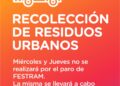 Recolección de residuos en Cañada de Gómez debido al paro de Festram del miércoles y el jueves