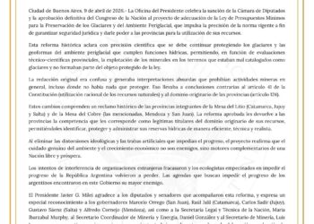 El gobierno argentino celebra la sanción de la Cámara de Diputados y la aprobación definitiva del Congreso de la Nación al proyecto de adecuación de la Ley de Presupuestos Mínimos para la Preservación de los Glaciares y del Ambiente Periglacial
