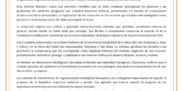 El gobierno argentino celebra la sanción de la Cámara de Diputados y la aprobación definitiva del Congreso de la Nación al proyecto de adecuación de la Ley de Presupuestos Mínimos para la Preservación de los Glaciares y del Ambiente Periglacial