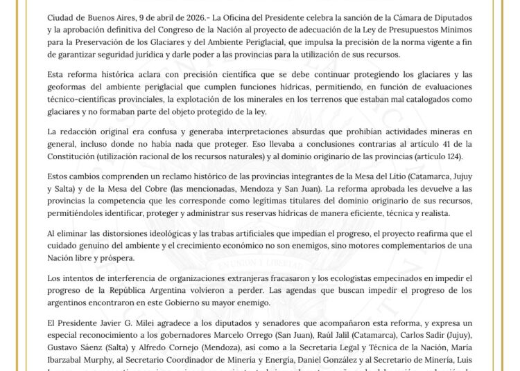 El gobierno argentino celebra la sanción de la Cámara de Diputados y la aprobación definitiva del Congreso de la Nación al proyecto de adecuación de la Ley de Presupuestos Mínimos para la Preservación de los Glaciares y del Ambiente Periglacial
